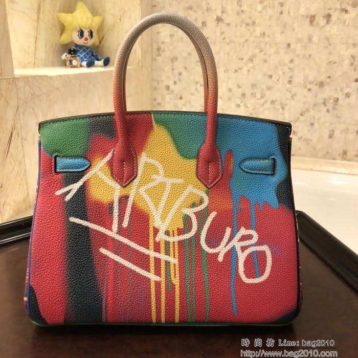 HERMES愛馬仕 30cm Birkin鉑金包 FAKE CHANEL 法國進口togo 彩繪獨立圖案 時尚手提包  Ama1084
